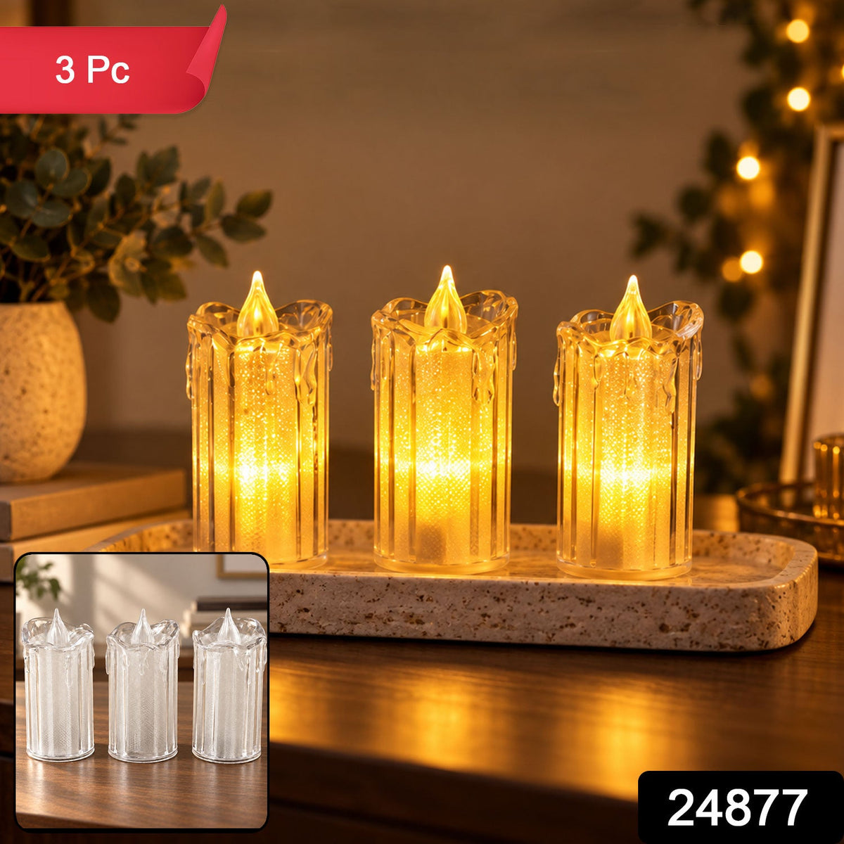 Decorative Flameless Led Candles With Warm Glow For Home And Events (3 Pc Set)